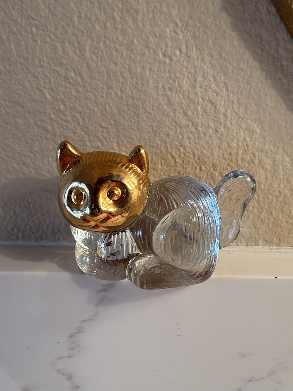 Vintage Glass Cat Paperweight with Gold tone Head